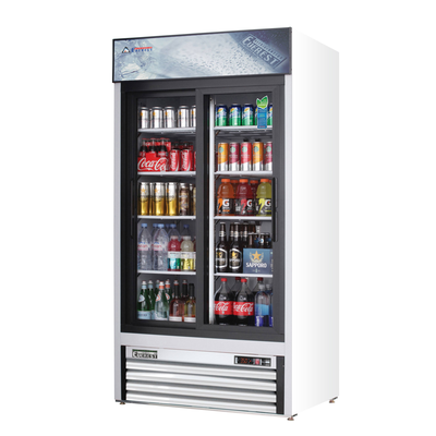 Everest EMGR33 39-3/8" White Double Sliding Glass Door Reach-In Merchandiser Refrigerator, 33-Cubic Feet, NSF