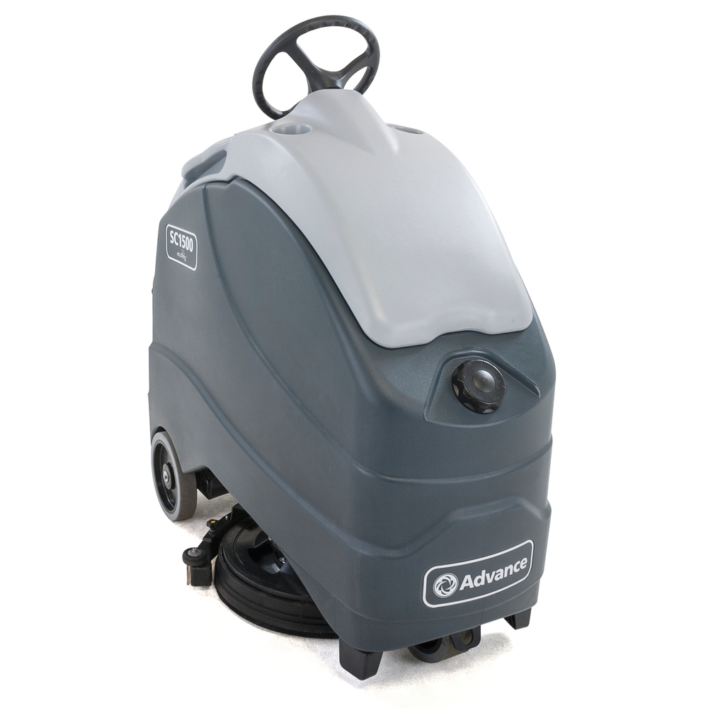 Advance SC1500 stand-on disc scrubber, angled front view