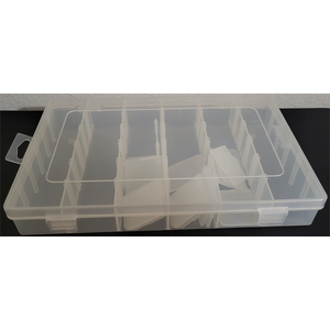7 1/4" W X 1 3/4" H X 11" L 6-18 COMPARTMENT ROCKFORD PLASTIC TACKLEBOX ORGANIZER CLEAR