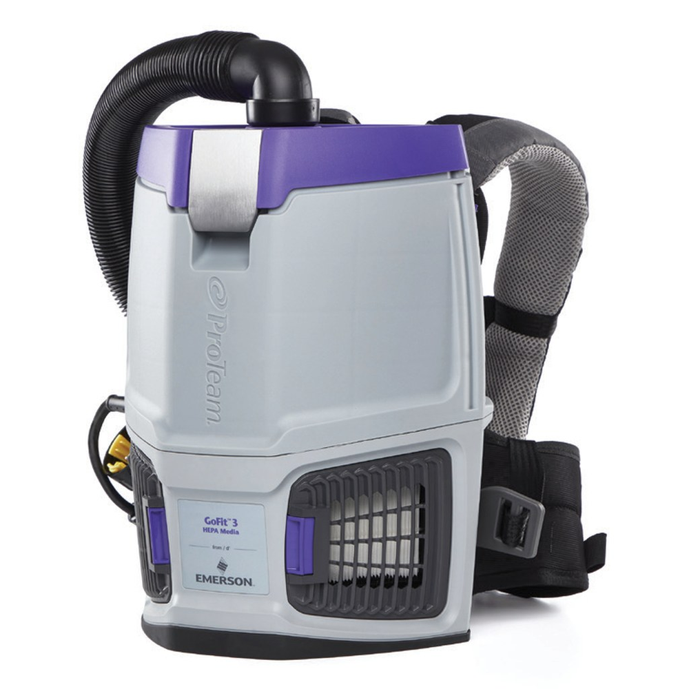 ProTeam GoFit 3 backpack vacuum, left front view with hose