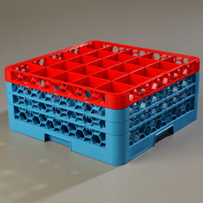 Carlisle 25-Compartment Blue Glass Rack with 3 Red Extenders
