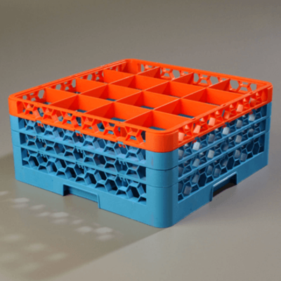 Carlisle 16-Compartment Blue Glass Rack with 3 Orange Extenders