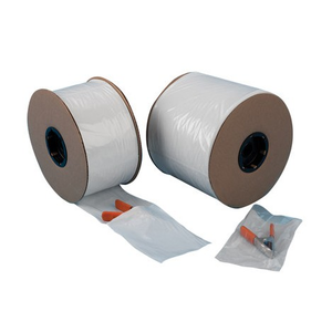 4" W X 6" L 3 MIL AUTO PACKAGING BAGS ROLL WHITE PRINTING AREA W/ CLEAR BACK