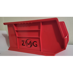 8" W X 7" H X 15" L OPEN FACE STACKABLE PLASTIC STORAGE BIN RED W/ ZMG LOGO