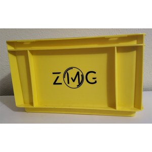 8" W X 7" H X 12" L STRAIGHTWALL STACKABLE PLASTIC STORAGE BIN YELLOW W/ ZMG LOGO