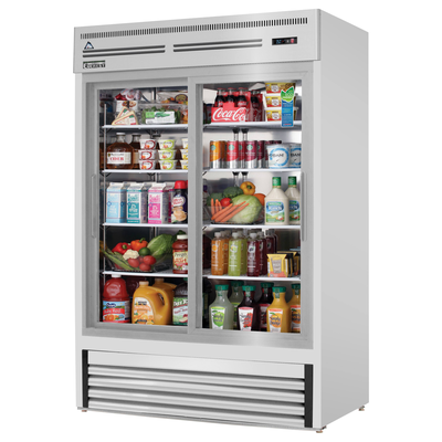 Everest EMGR48-SS 53-1/8" Stainless Steel Double Sliding Glass Door Reach-In Merchandiser Refrigerator, 48-Cubic Feet, NSF
