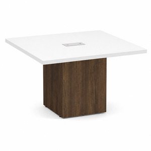 CUBSQ2139N 4ft Square Conference Table with Cube Base - White top, Modern Walnut base