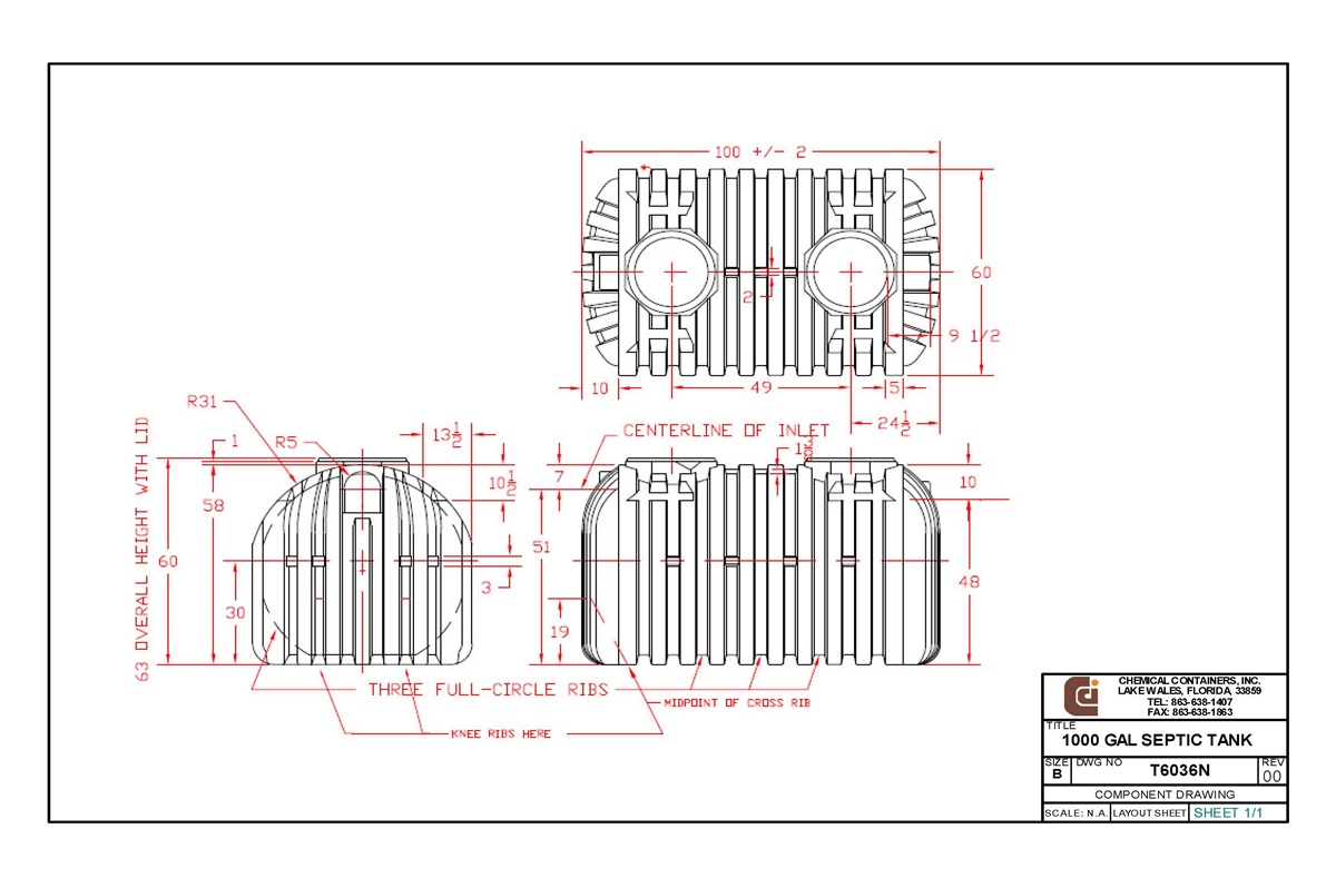 Cci 1000 Gallon Ribbed Septic Tank 102 L X 60 W X 63 H