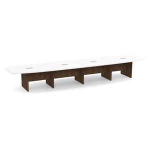  18ft Boat Shape, slab base Conference Table: WHITE TOP, MODERN WALNUT BASE 