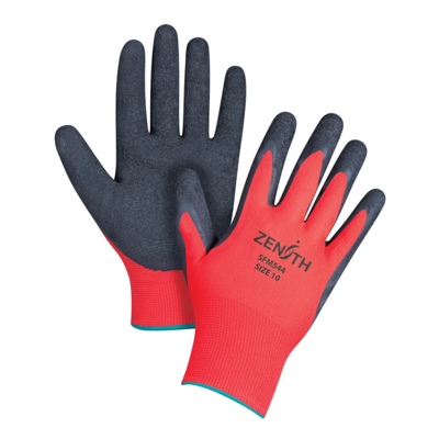 Coated Work Gloves - Polyester Shell - Latex Crinkle Grip - 13 Gauge - Black/Red