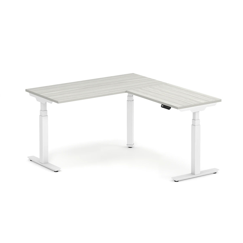 Enhance Electric Height-Adjustable L-Shape Desk 60" X 60" - Silver Birch with White Base