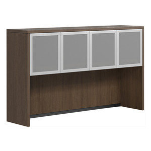 CLAHU3004- Hutch with 4 Silver Frame Glass Doors- Modern Walnut/Silver Glass