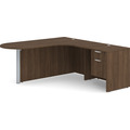 Classic L-Shape Bullet Workstation 77" x 71" with Right Hand Return and Box/File Pedestal - Modern Walnut with Silver Post Finish