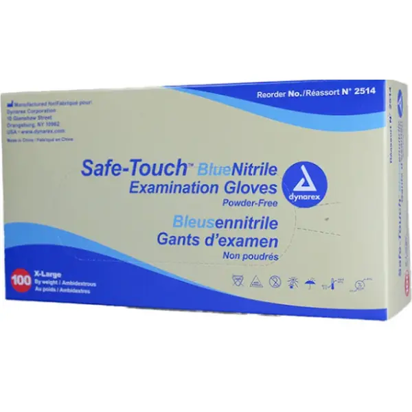 Glove Exam Nitrile PF XLG Blue100/bx Safe-Touch Dynarex 2514