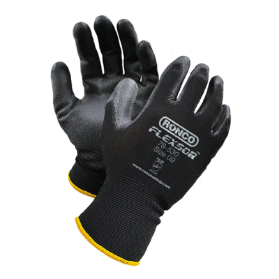 Coated Work Gloves - Polyester Shell - Polyurethane Palm Coated - Black