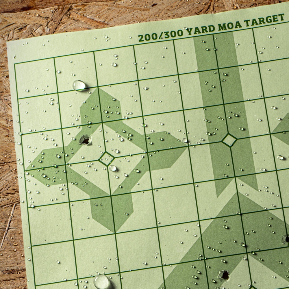 Wet target with bullet holes sitting on pressboard.