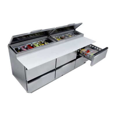 Silver King SKPZ92-FDUS10 (6) Drawers Raised Refrigerated Pan Rail With (12) 1/3 Size Pan Capacity 92"W Pizza Prep Table