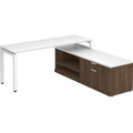 Elements L-Shape Workstation 71" x 72" x 30"D with Storage Credenza - White Top and Modern Walnut Base with White Legs