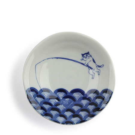 Bowl Blue & White Cat Fishing 5.25"