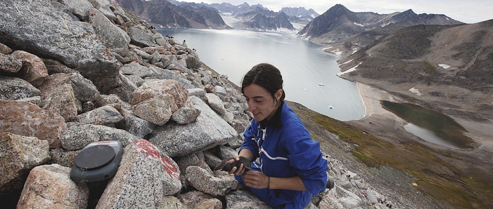 Biologist on rocky cliff holding bird