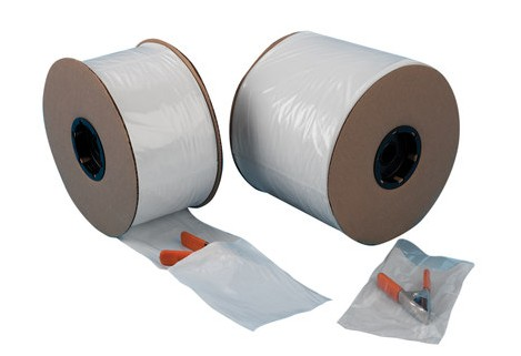 6" W X 8" L 3 MIL AUTO PACKAGING BAGS ROLL WHITE PRINTING AREA W/ CLEAR BACK