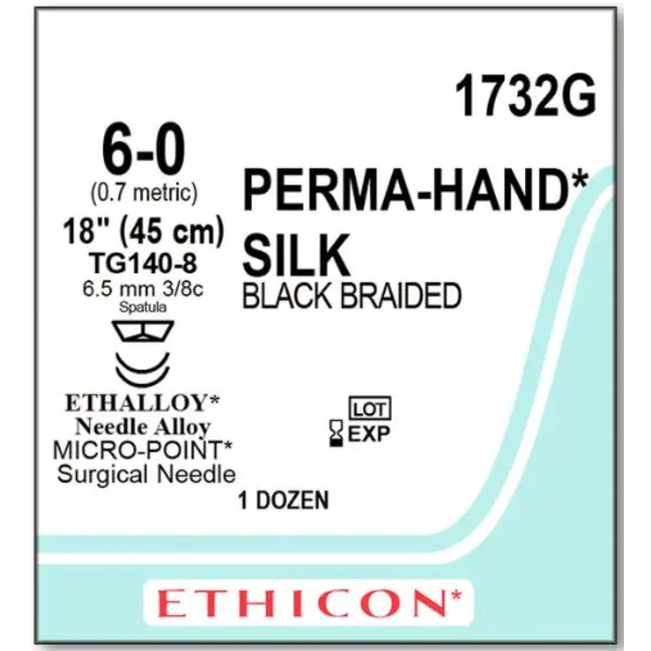 Suture, 6-0 Silk, 18" 3/8 circ, 6.5mm, Braided, 12/bx, 1732G