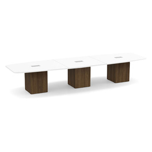 14ft Boat Shape, cube base Conference Table: WHITE TOP MODERN WALNUT BASE