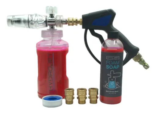 HydroJet Clear Foam Cannon, MTM Hydro SG28 Spray Gun, Soap, and Brass Fittings