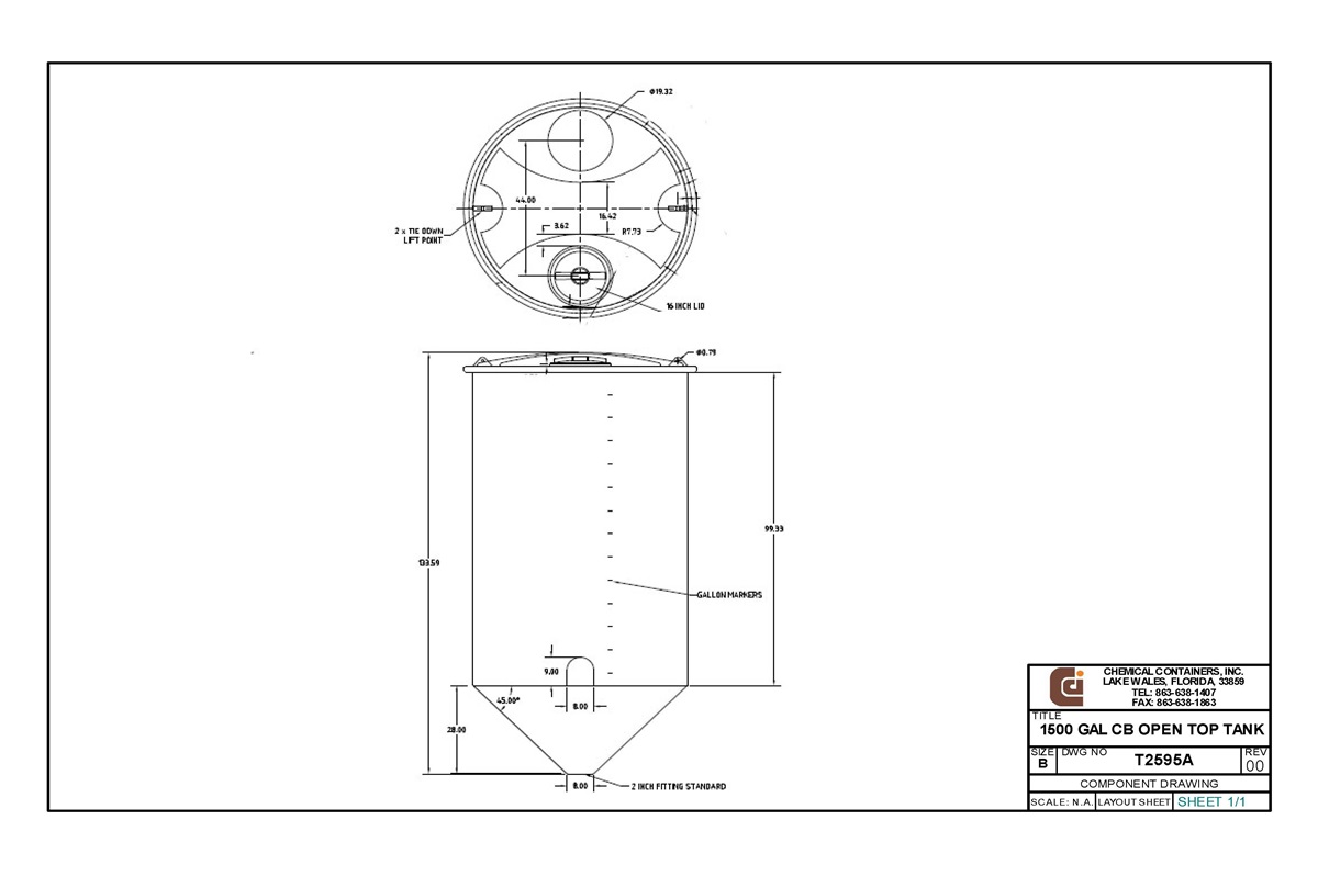 CCI 1500 Gallon Open Top Cone Bottom Tank 64" D x 134" H