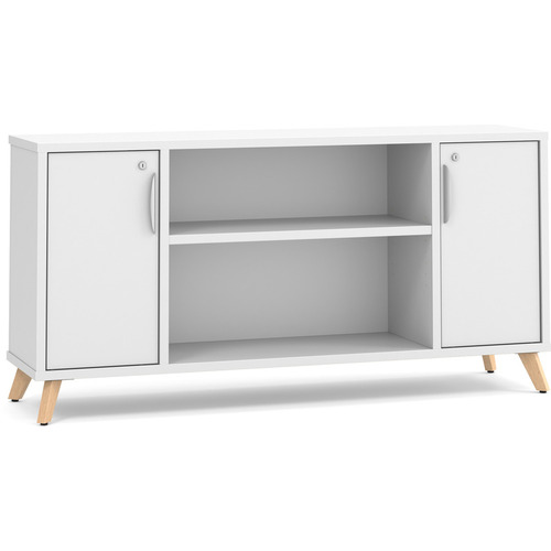 Signature Narrow Storage Credenza with Wood Legs - White with Natural Oak Legs