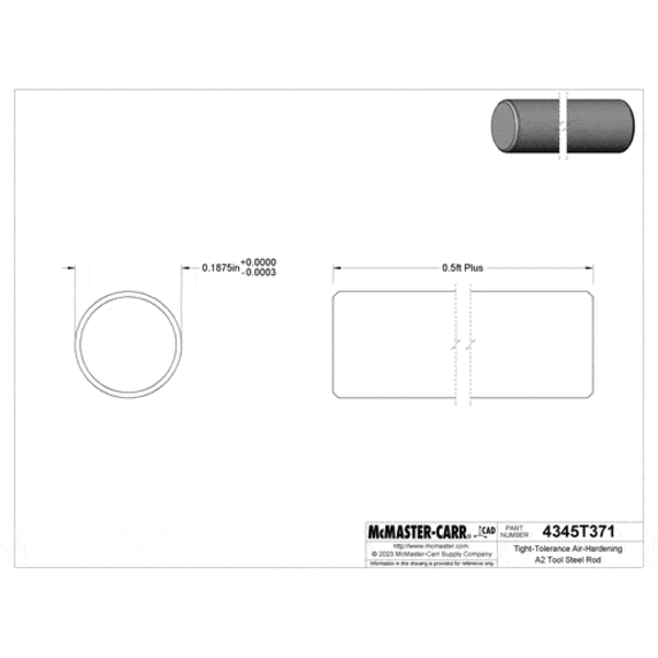 Tight-Tolerance Air-Hardening A2 Tool Steel Rod Hardened, 3/16" Diameter, 1/2 Feet Long