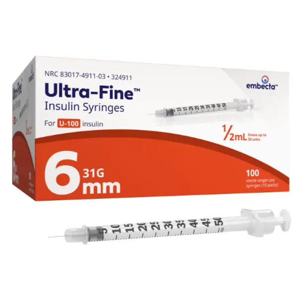 Syringe, Insulin, Veo Ultra-Fine, 0.5mL, 31G x 6mm (15/64 in), Embecta, 100/box 324911