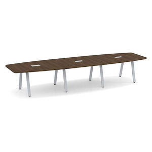 14ft Boat Shape, Signature Conference Table: Silver Metal Base, Modern Walnut Top