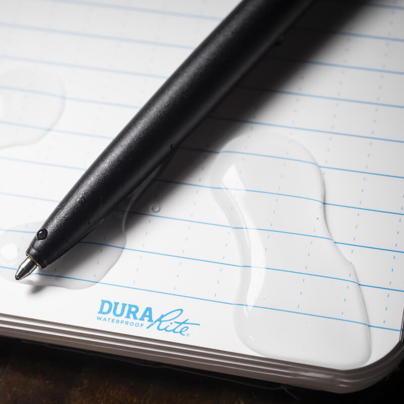 Weatherproof pen on wet DuraRite noteook.