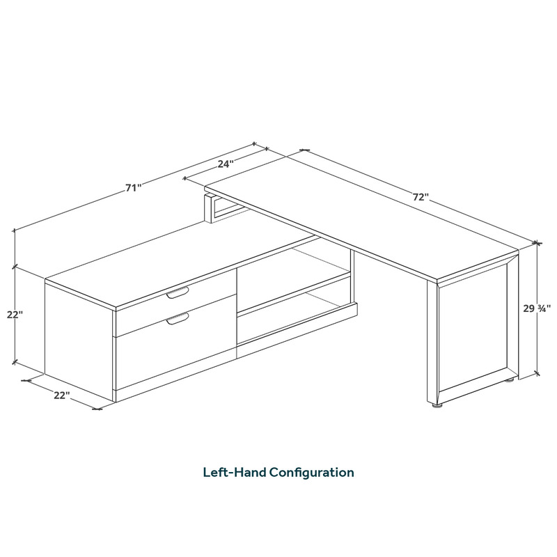 Encore L-Shape Desk 71" x 72" with Personal Storage and Bookcase Credenza - Silver Birch with White Top
