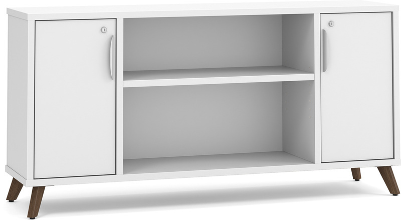Signature Narrow Storage Credenza with Wood Legs - White with Modern Walnut Legs