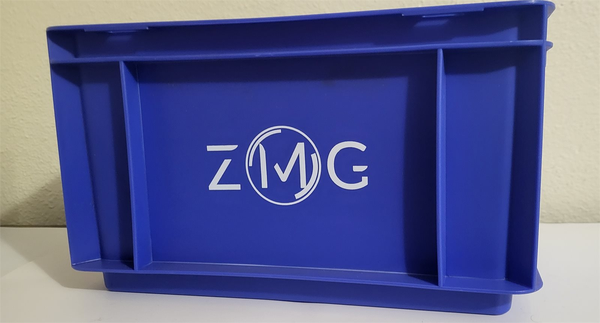 8" W X 7" H X 12" L STRAIGHTWALL STACKABLE PLASTIC STORAGE BIN BLUE W/ ZMG LOGO