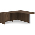 Classic L-Shape Bullet Workstation 77" x 71" with Left Hand Return and Box/File Pedestal - Modern Walnut with Silver Post Finish