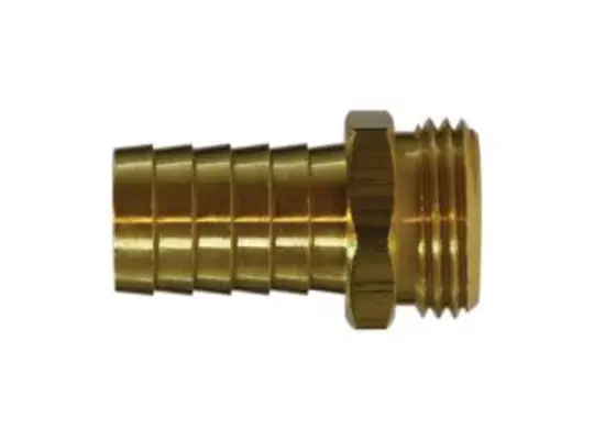 Straight Male End Hex Adapter, 1 in Garden Hose Barbed x 3/4 in MGH, Brass