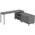 Elements L-Shape Workstation 71" x 72" x 24"D with Personal Storage Credenza - Newport Grey with Silver Legs