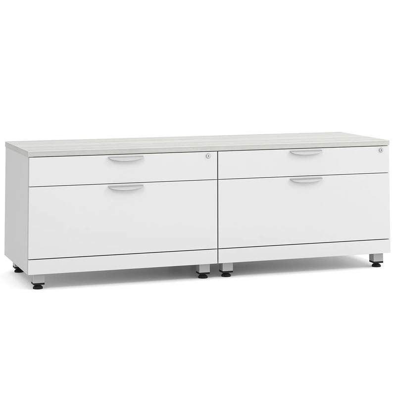Elements Dual Storage Cabinet Credenza - Silver Birch Top and White Base with Silver Riser