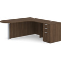 Classic L-Shape Bullet Workstation 77" x 71" with Right Hand Return and Box/Box/File Pedestal - Modern Walnut with Silver Post Finish