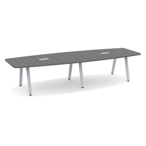 12ft Boat Shape, Signature Conference Table: Silver Metal Base, Newport Gray Top