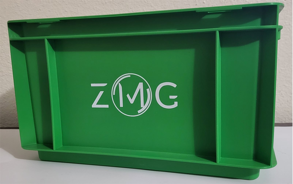 8" W X 7" H X 12" L STRAIGHTWALL STACKABLE PLASTIC STORAGE BIN GREEN W/ ZMG LOGO