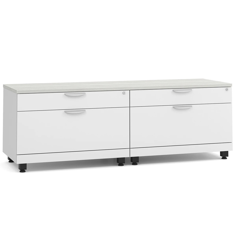 Elements Dual Storage Cabinet Credenza - Silver Birch Top and White Base with Black Riser