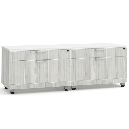 Elements Dual Storage Cabinet Credenza - White Top and Silver Birch Base with Silver Riser