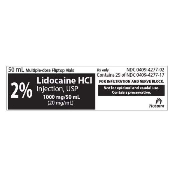 Lidocaine, Injection, 2%, 50ml (25/pk) Vial NDC 00409427702