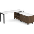 Elements L-Shape Workstation 71" x 72" x 30"D with Personal Storage Credenza - Modern Walnut with White Top and Black Legs