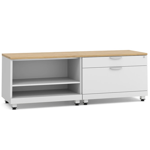 Elements Storage Cabinet and Bookshelf Credenza - Aspen Top and White Base with White Riser