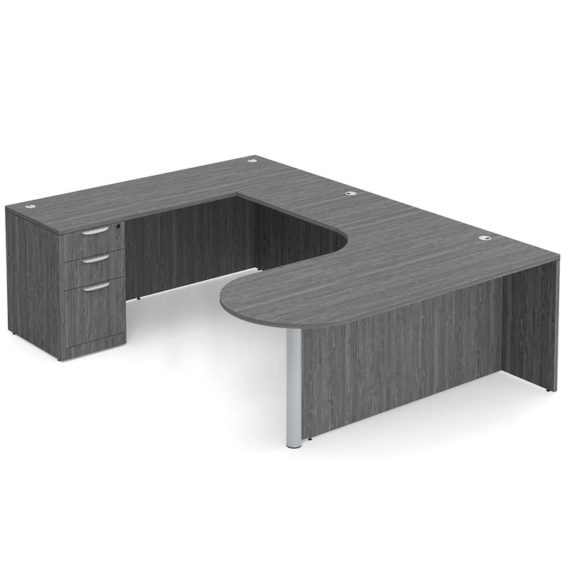 Classic U-Shape Bullet Executive Workstation 101" x 71" Left Hand with Box/Box/File Pedestal - Newport Grey with Silver Post Finish